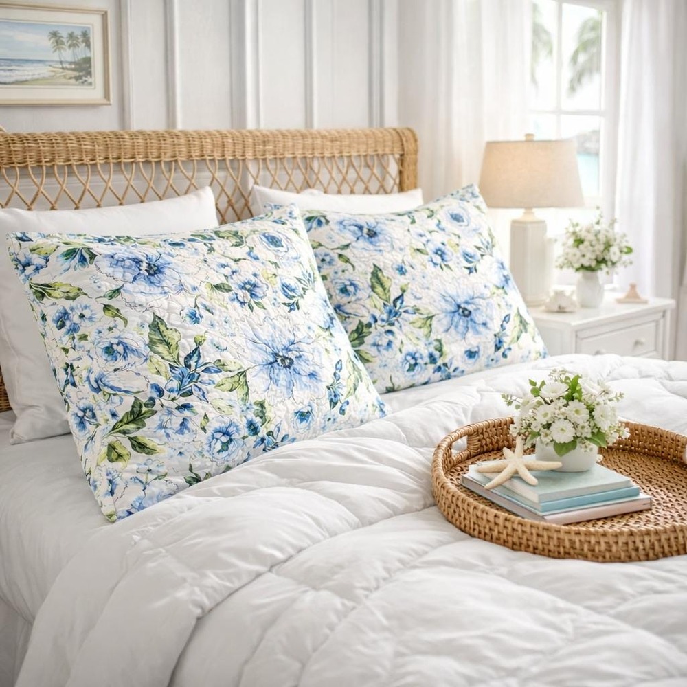 Floral King Pillow Shams Set of 2 Blue Cottagecore Coastal Farmhouse Bedding